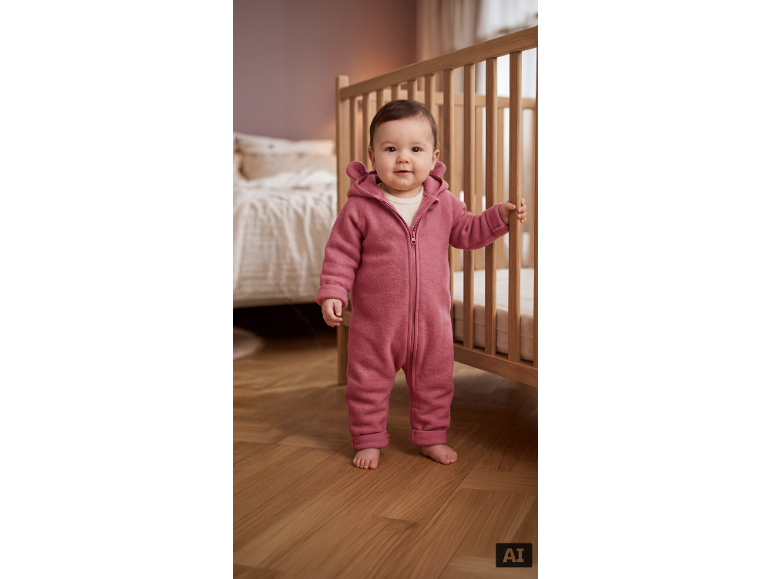 Bébé en combinaison rose à capuche debout près d'un lit en bois dans une chambre d'enfant.
