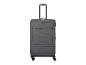 Valise de voyage grise à quatre roues avec poignée extensible.