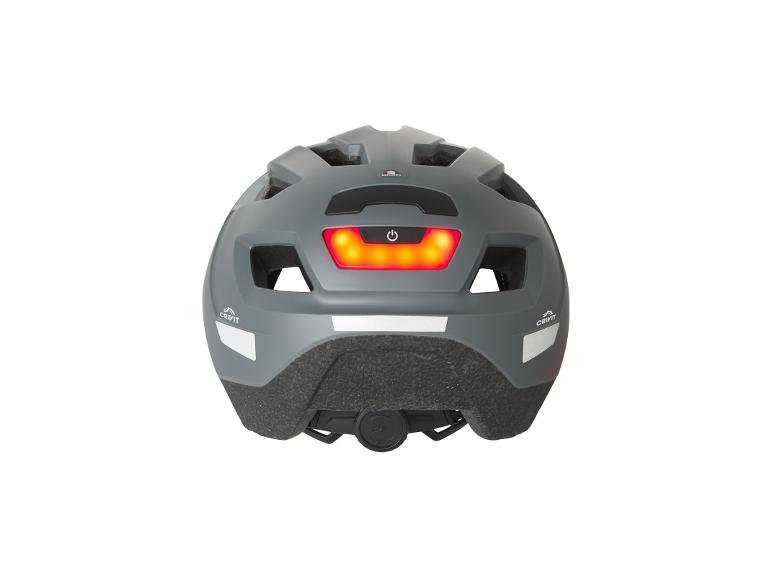 Casque de vélo Crivit gris avec feu arrière LED intégré et réflecteurs.