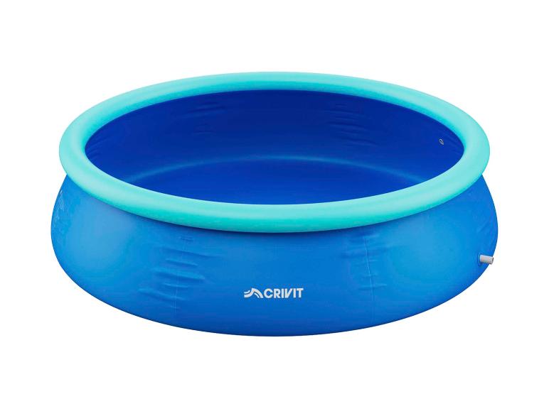 Piscine gonflable ronde bleue avec un anneau supérieur turquoise.