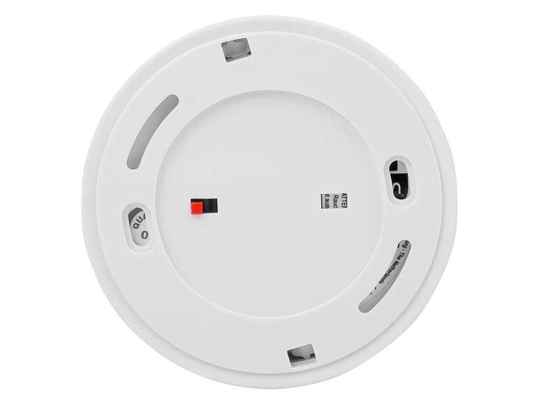 Détecteur de fumée blanc avec un couvercle de batterie et une étiquette ATEL.