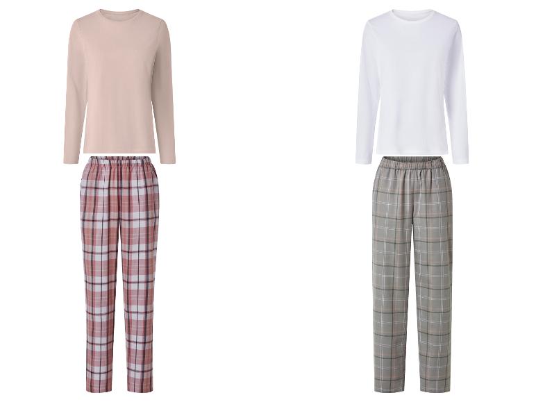 Deux ensembles de pyjamas femme à manches longues et pantalons à carreaux roses et gris.