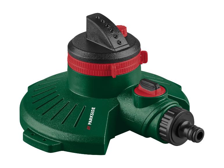 Arroseur Parkside vert et rouge avec des détails noirs.