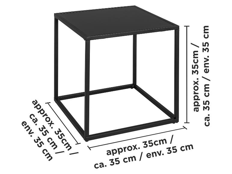 Table d'appoint métallique noire d'environ 35x35x35 cm.