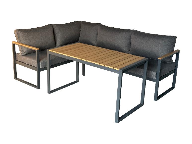 Canapé d'angle de jardin gris avec table en bois sur fond blanc.