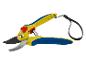 Sécateur jaune et bleu avec loquet de sécurité rouge et dragonne noire