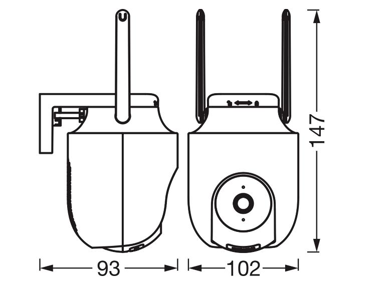 Dessin technique d'une caméra de sécurité avec dimensions : 147mm hauteur, 93mm largeur, 102mm profondeur.
