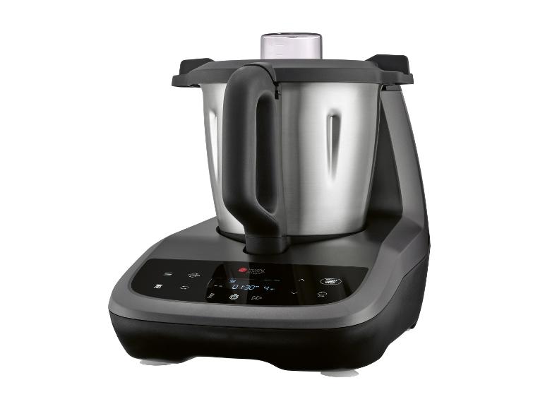 Robot de cuisine avec bol en acier inoxydable et panneau de commande avec écran.
