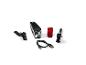 Kit éclairage vélo : phare avant, feu arrière et câble USB.