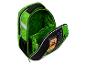 Sac à dos vert et noir ouvert avec motif de blocs et personnages de jeu vidéo.
