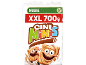Céréales XXL 700g saveur cannelle avec personnages joyeux et lait.