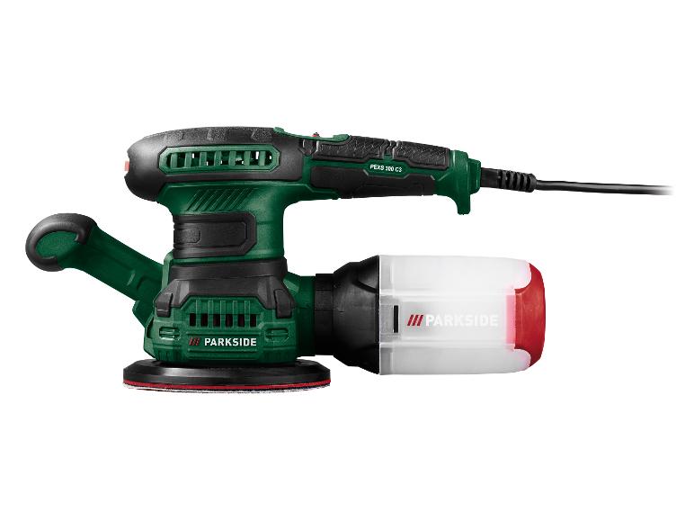 Ponceuse excentrique Parkside PEXS 300 C3 avec bac à poussière.