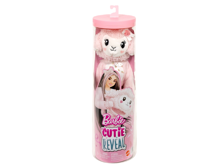 Poupée dans un costume d'agneau en peluche rose dans un emballage cylindrique