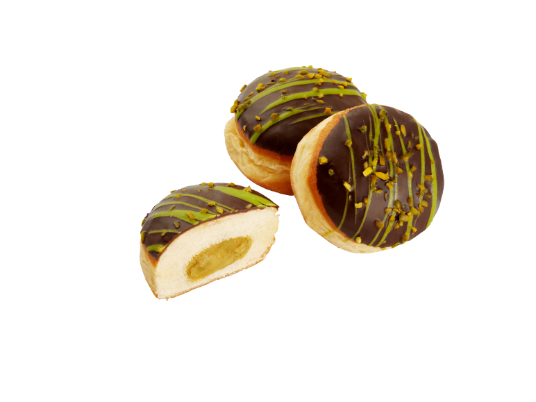 Boules de Berlin façon Dubaï avec glaçage chocolat, filet de pistache et cœur crémeux