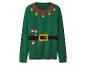 Pull de Noël vert avec motif d'elfe, ceinture et canne à sucre.