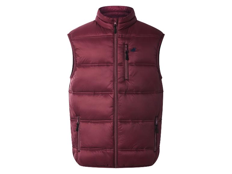 Gilet matelassé bordeaux avec fermeture éclair et logo.