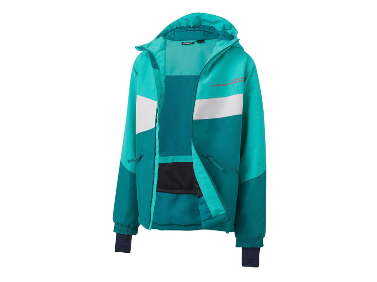 Une veste turquoise de Crivit avec capuche et détails réfléchissants.