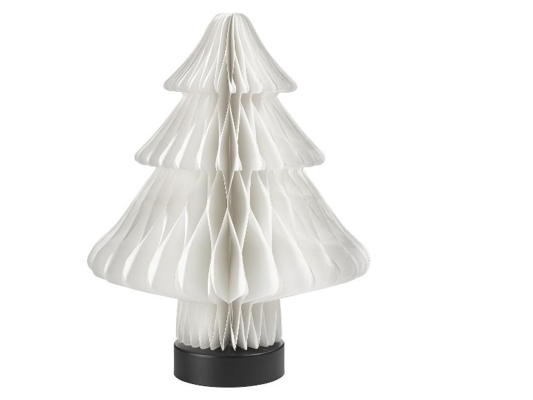 Sapin de Noël blanc pliable en papier avec une base noire.