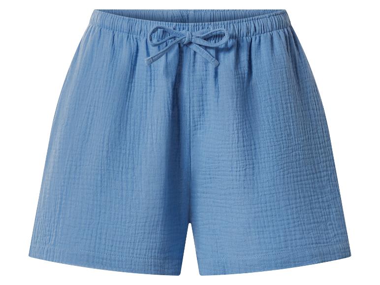 Short en coton bleu pour femme avec taille élastique et cordon de serrage.