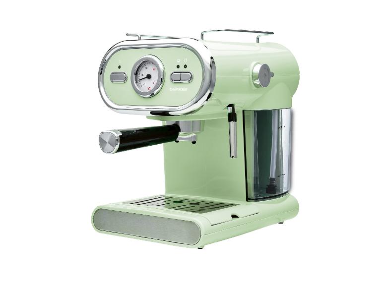 Machine à expresso vert menthe avec manomètre et réservoir d'eau transparent.