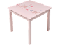 Table d'enfant rose avec illustrations de cerfs, hérissons et écureuils.