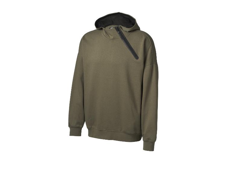 Sweat à capuche vert olive avec fermeture éclair asymétrique et capuche noire.