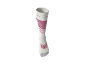 Chaussette de sport blanche et rose avec motif rayé et texte.