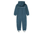 Une salopette imperméable bleu foncé avec capuche pour enfant.