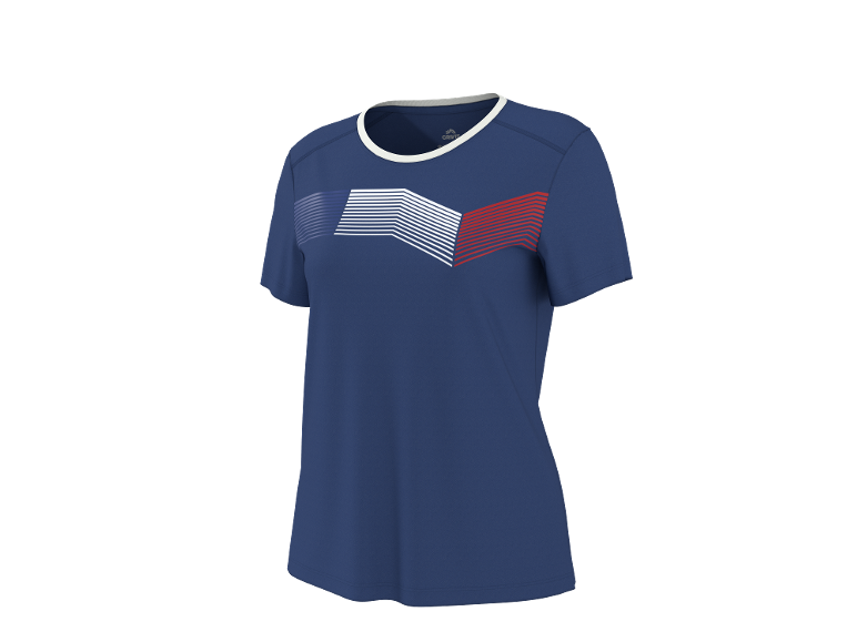 T-shirt de sport bleu avec un motif de rayures blanches et rouges sur la poitrine.