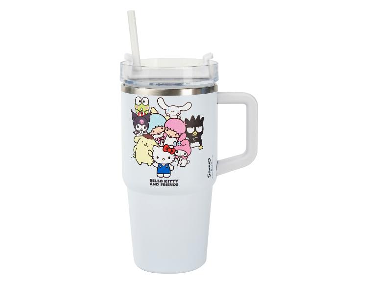 Mug isotherme blanc Hello Kitty et ses amis avec anse et paille.