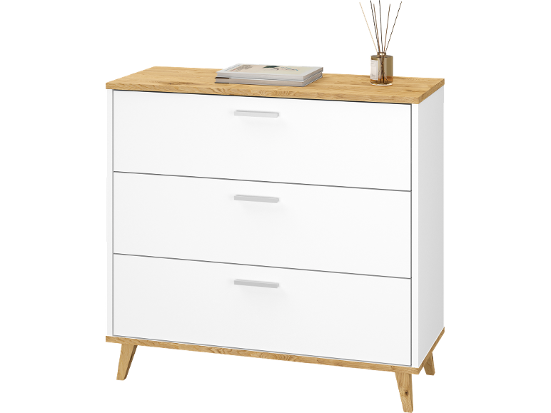 Commode blanche moderne avec trois tiroirs et détails en bois.