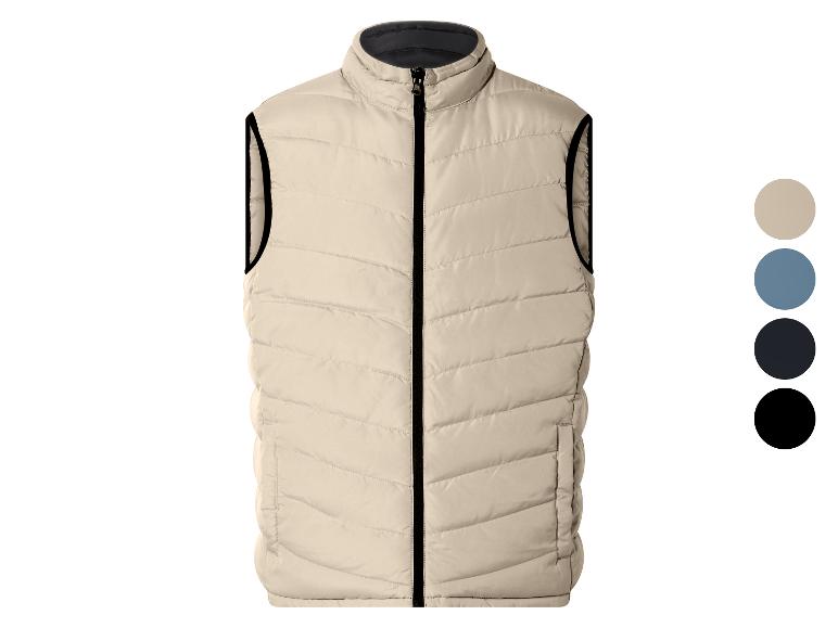 Gilet matelassé pour homme beige avec fermeture éclair et bordure noires, présenté avec des options de couleur.