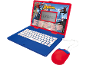 Ordinateur jouet pour enfants en bleu et rouge avec souris.