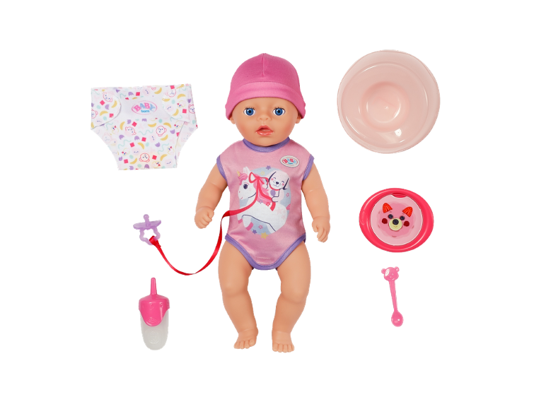 Poupée avec bonnet et vêtements roses, couche, pot, sucette, biberon et cuillère.