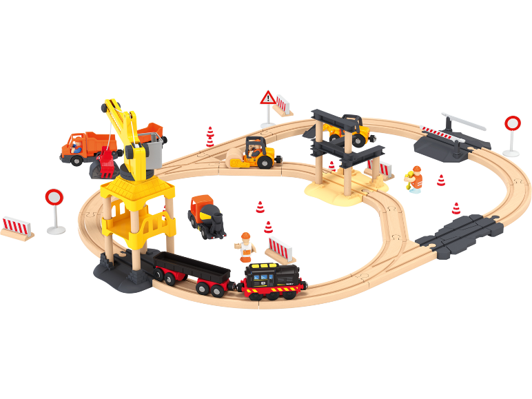 Ensemble de train en bois avec grue, camions, rouleaux compresseurs et ouvriers du bâtiment.