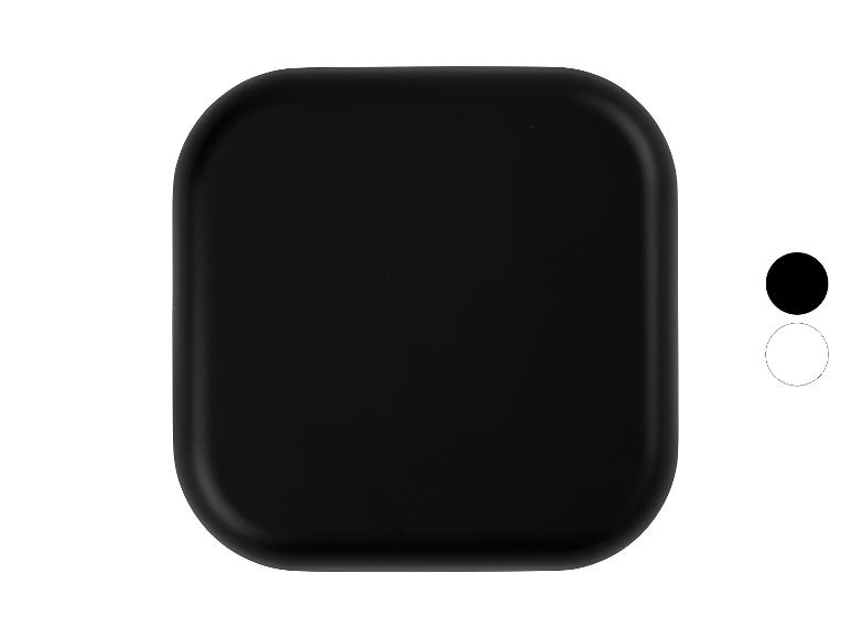 Dessous de plat carré noir aux coins arrondis, avec des options de couleur à côté.