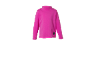 Haut col roulé rose à manches longues avec petit détail de fleur noire.
