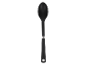 Une cuillère noire en silicone avec des accents métalliques.