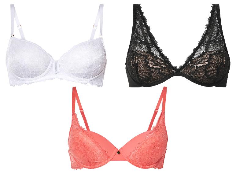 Trois soutiens-gorge en dentelle : blanc, noir et corail.