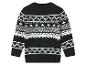 Un pull noir avec un motif géométrique blanc.