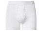 Caleçon blanc pour homme avec une ceinture élastique et une braguette fonctionnelle.