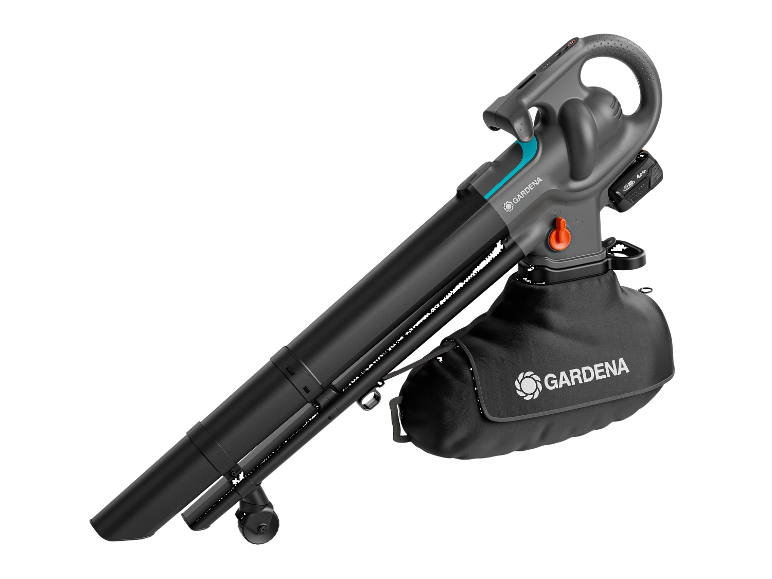 Souffleuse et aspirateur de feuilles Gardena avec sac collecteur.