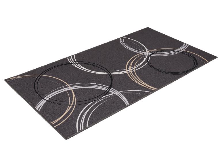 Tapis de couloir gris avec un motif de cercles blancs, beiges et noirs