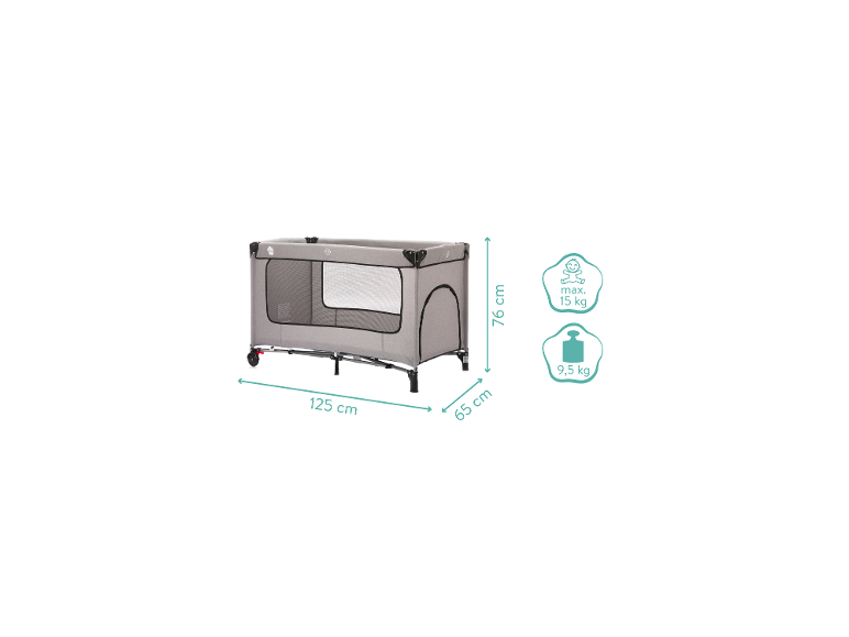 Lit de voyage gris avec dimensions (125x65x76 cm) et poids (9,5 kg), charge max. 15 kg.
