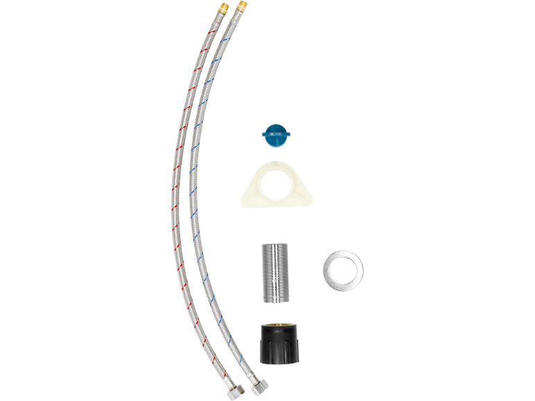 Kit d'installation de robinet avec deux tuyaux flexibles et pièces de fixation.