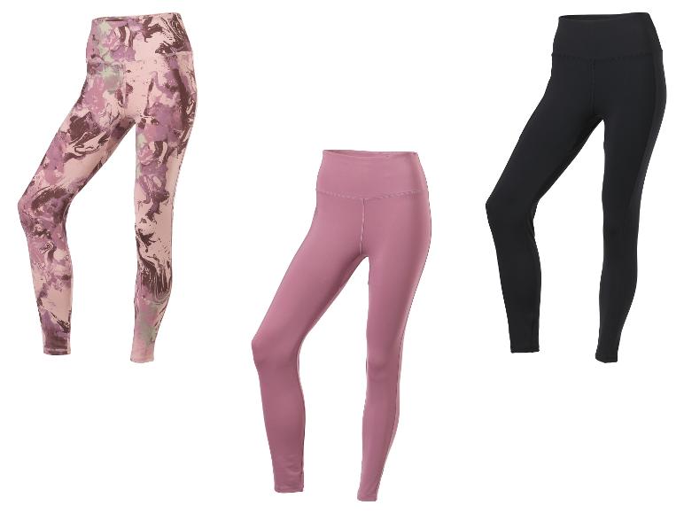 Trois paires de leggings pour femmes : rose marbré, rose uni et noir.