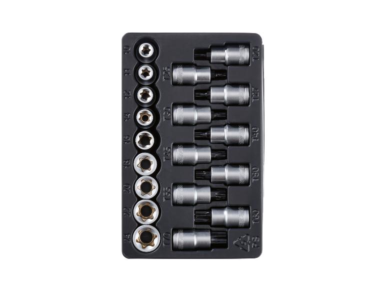 Un ensemble de clés à douille Torx et de type E argentées dans un étui noir.