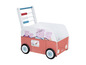 Une voiture de jouet en bois rouge sur le thème de Peppa Pig, avec un boulier.