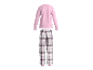 Ensemble haut rose à manches longues et pantalon de pyjama à carreaux.