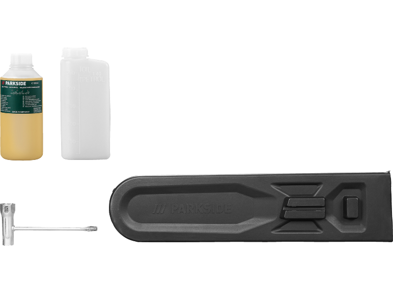 Accessoires de tronçonneuse Parkside comprenant de l'huile, une bouteille de mélange de carburant et un protège-guide.